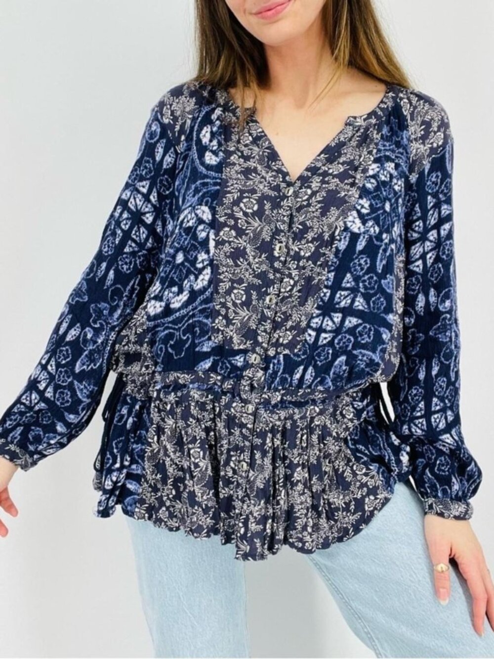 Free People Ratio Dropwaist Mix Print Long Sleeve Top Navy Floral Paisley L #212